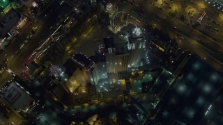 DCA03_145 - 4K aerial stock footage of flying away from New York New York Hotel and Casino, Las Vegas, Nevada Night