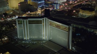 DCA03_175 - 4K aerial stock footage of the Mirage Hotel and Casino, Las Vegas, Nevada Night