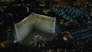 DCA03_182 - 4K aerial stock footage of an orbit of the Mirage Hotel and Casino, Las Vegas, Nevada Night