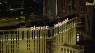 DCA03_199 - 4K aerial stock footage of the top of the Planet Hollywood Resort and Casino, Las Vegas, Nevada Night