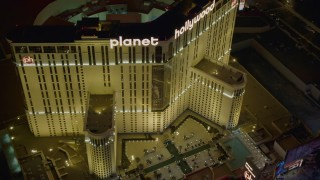 DCA03_207 - 4K aerial stock footage of orbiting front of Planet Hollywood Resort and Casino, Las Vegas, Nevada Night