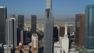 DCA05_033 - 4K aerial stock footage of Gas Company Tower, Downtown Los Angeles Public Library, Los Angeles, California