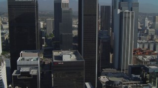 DCA05_035 - 4K aerial stock footage of Figueroa at Wilshire, Paul Hastings Tower, Downtown Los Angeles, California