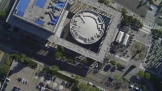 DCA05_037 - 4K aerial stock footage of Mark Taper Forum, Downtown streets, fountain, pavilions, Los Angeles, California