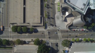 DCA05_038 - 4K aerial stock footage of North Grand Avenue, Walt Disney Concert Hall, Downtown Los Angeles, California