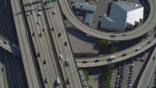 DCA05_052 - 4K aerial stock footage of Interstate 110 and 10 interchange, Downtown Los Angeles, California
