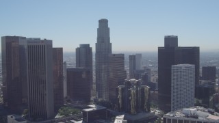 DCA06_006 - 4K aerial stock footage tilt from LA Hotel Downtown, revealing US Bank Tower, Downtown Los Angeles, California
