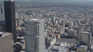 DCA06_010 - 4K aerial stock footage flyby skyscrapers, revealing Broadway Theater District, Downtown Los Angeles, California
