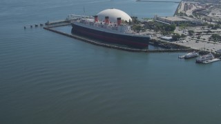 DCA06_023 - 4K aerial stock footage of approaching the RMS Queen Mary, Long Beach, California