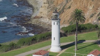 DCA06_055 - 4K aerial stock footage of orbiting the Point Vicente Lighthouse, Rancho Palos Verdes, California