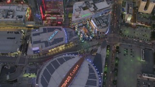 DCA07_019 - 4K stock footage aerial video of orbiting Staples Center, Nokia Theater and LA Live, Downtown Los Angeles, California, twilight