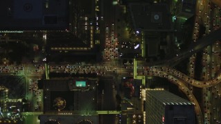 DCA07_048 - 4K aerial stock footage of bird's eye view following South Figueroa through Downtown, Los Angeles, California, night