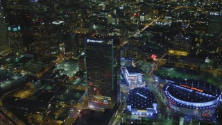 DCA07_058 - 4K stock footage aerial video of The Ritz-Carlton, Nokia, Theater, Staples Center, reveal skyscrapers, Los Angeles, California, night