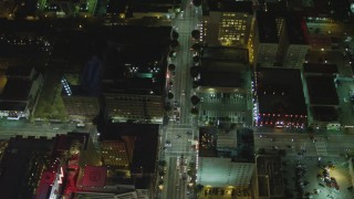 DCA07_088 - 4K aerial stock footage of following Hollywood Boulevard, from Vine to Schrader Blvd, Hollywood, California, night