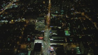 DCA07_090 - 4K aerial stock footage of Hollywood Blvd, past Hollywood and Highland, Roosevelt Hotel, Hollywood, California, night