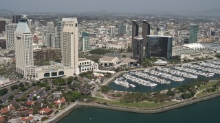 DCA08_013E - 4K aerial stock footage flyby waterfront hotels in Downtown San Diego, California
