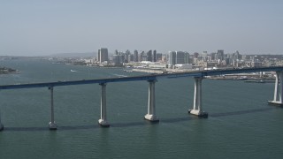 DCA08_017 - 4K aerial stock footage of the Coronado Bridge, and Downtown San Diego in the background, California