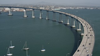 DCA08_020 - 4K aerial stock footage of tracking light traffic on the Coronado Bridge, San Diego, California