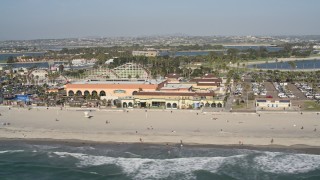 DCA08_153 - 4K aerial stock footage of a beachside roller coaster, Mission Beach, California