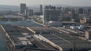 DCA08_191 - 4K aerial stock footage approach a waterfront hotel in Downtown San Diego, California