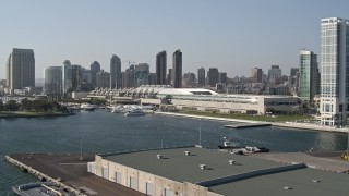 DCA08_192E - 4K aerial stock footage of a waterfront hotel and convention center, Downtown San Diego, California