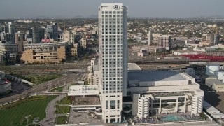 DCA08_202 - 4K aerial stock footage flyby a waterfront hotel in Downtown San Diego, California