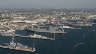 DCA08_204 - 4K aerial stock footage of docked warships at the Naval Base San Diego, California