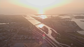 DCA08_289 - 4K aerial stock footage of the San Diego River and SeaWorld San Diego theme park, California, Sunset