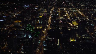DCA08_355 - 4K aerial stock footage pan across skyscrapers in Downtown San Diego, California, Night