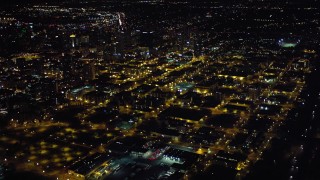 DCA08_366 - 4K aerial stock footage approach downtown and pan to skyscrapers, Downtown San Diego, California, Night