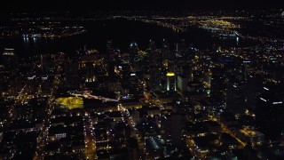 DCA08_368 - 4K aerial stock footage of a wide view of downtown skyscrapers, Downtown San Diego, California, Night