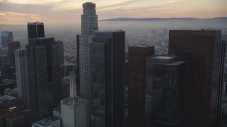 DCLA_048 - 5K aerial stock footage tilt to reveal and approach US Bank Tower at twilight in Downtown Los Angeles, California