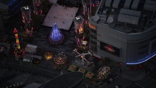 DCLA_082 - 5K aerial stock footage of a bird's eye view of a Christmas fair at Nokia Theater in Downtown Los Angeles at twilight, California