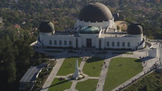 DCLA_109 - 5K aerial stock footage flyby the hilltop Griffith Observatory in Los Angeles, California