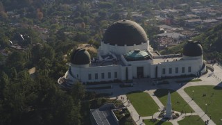 DCLA_114 - 5K aerial stock footage flyby Griffith Observatory with visitors on grounds in Los Angeles, California