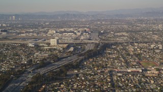 DCLA_201 - 5K stock footage aerial video of heavy traffic on the 405 near the 105 interchange in Hawthorne, California