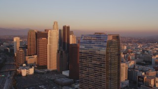 DCLA_226 - 5K stock footage aerial video flyby Downtown Los Angeles at sunset to reveal The Ritz-Carlton, California