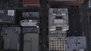DCLA_248 - 5K aerial stock footage bird's eye view of Flower Street through Downtown Los Angeles at twilight, California