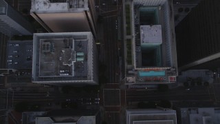 DCLA_249 - 5K aerial stock footage bird's eye view of Flower Street through Downtown Los Angeles at twilight, California