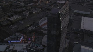 DCLA_254 - 5K aerial stock footage approach and flyby The Ritz-Carlton, Nokia Theater and Staples Center at sunset in Downtown Los Angeles, California