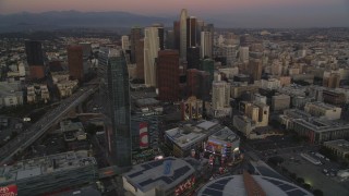 DCLA_255 - 5K aerial stock footage of Downtown Los Angeles high-rises seen from The Ritz-Carlton at twilight, California