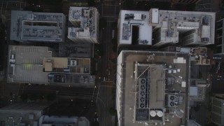 DCLA_257 - 5K aerial stock footage bird's eye of Grand Avenue in Downtown Los Angeles at twilight, California