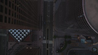 DCLA_258 - 5K aerial stock footage of a bird's eye of Grand Avenue through center of Downtown Los Angeles at twilight, California