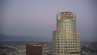 DCLA_264 - 5K aerial stock footage approach top of US Bank Tower at twilight in Downtown Los Angeles, California