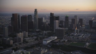 DCLA_266 - 5K stock footage aerial video of Downtown Los Angeles skyline at twilight in wintertime, California