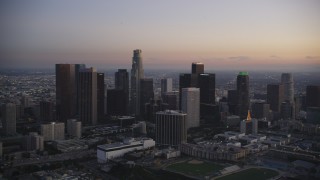 DCLA_267 - 5K stock footage aerial video of Downtown Los Angeles skyline at twilight in winter, California