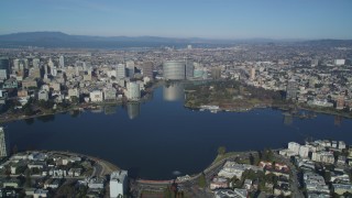 DCSF05_002 - 5K aerial stock footage Approach Lake Merritt, Lakeside Park, and Downtown Oakland, California