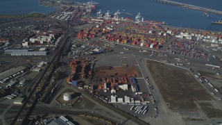 DCSF05_003 - 5K aerial stock footage Approach shipping containers at the Port of Oakland, California