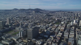 DCSF05_013 - 5K aerial stock footage Flyby City Hall toward urban neighborhoods and Mount Sutro, San Francisco, California