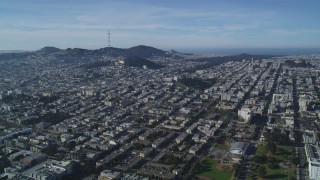 DCSF05_014 - 5K aerial stock footage Fly over urban neighborhoods toward Alamo Square Park, Golden Gate Park, and Mount Sutro, Western Addition, San Francisco, California